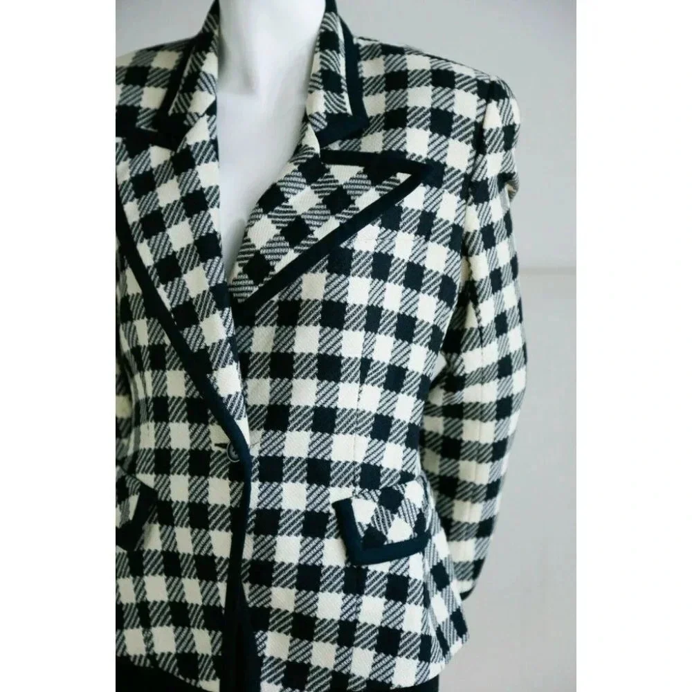 Vintage Wool Black White PlAid Notched Collar Fitted Cropped Chic Blazer M